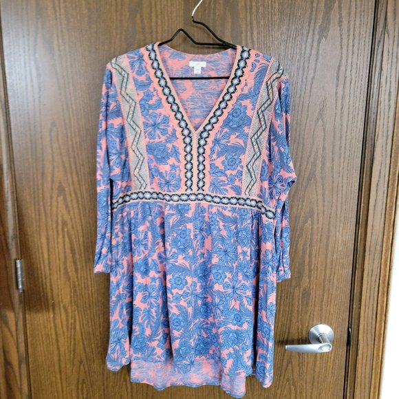 J. Jill Blue and Coral Fall Floral Embroidered Long Sleeve Dress Size Medium - Picture 2 of 16